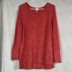 Chicos Coral Long Sleeve Sequin Pullover Sweater